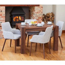 Shiro Solid Walnut Small Dining Table and Four Light Grey Chairs